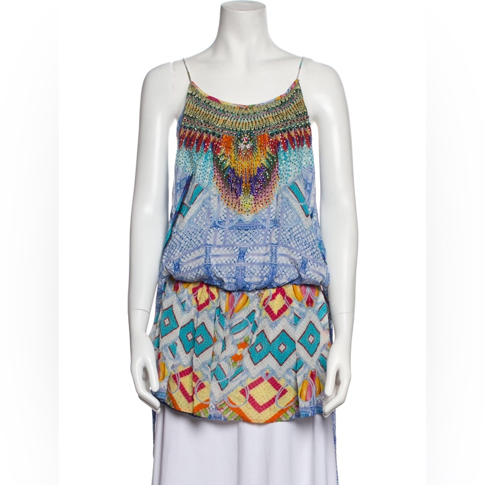 Camilla blue pattern silk romper with tie back